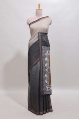 Cream & black dual shade checked floral design chanderi cotton saree with self zari border and matching blouse