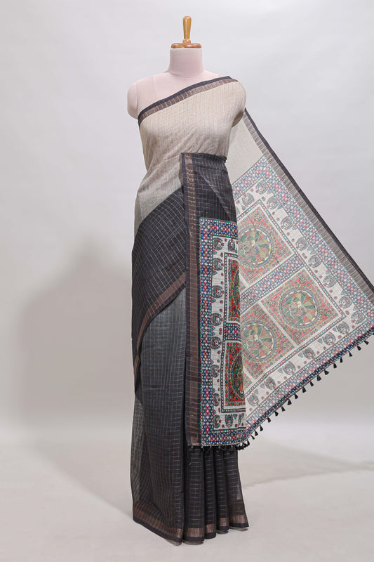 Cream & black dual shade checked floral design chanderi cotton saree with self zari border and matching blouse