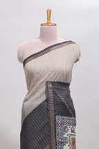 Cream & black dual shade checked floral design chanderi cotton saree with self zari border and matching blouse