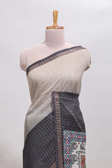 Cream & black dual shade checked floral design chanderi cotton saree with self zari border and matching blouse