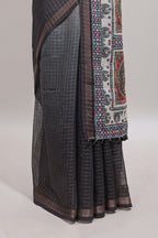 Cream & black dual shade checked floral design chanderi cotton saree with self zari border and matching blouse