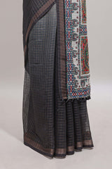 Cream & black dual shade checked floral design chanderi cotton saree with self zari border and matching blouse