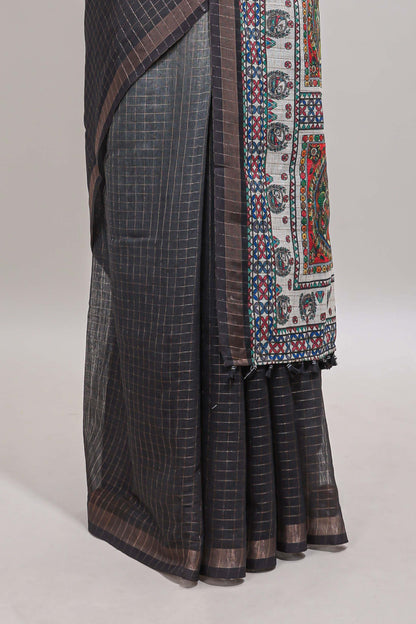 Cream & black dual shade checked floral design chanderi cotton saree with self zari border and matching blouse