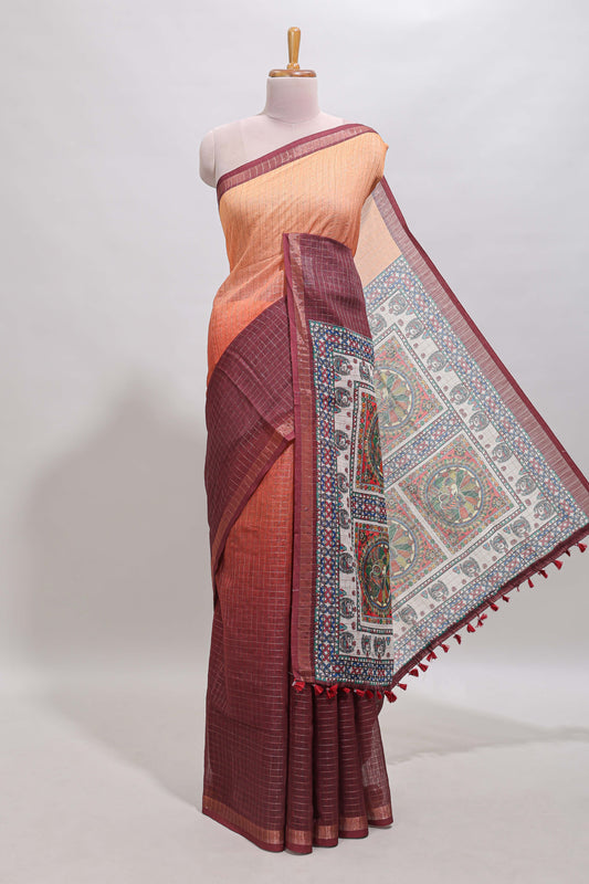 Orange & maroon dual shade checked floral design chanderi cotton saree with self zari border and matching blouse