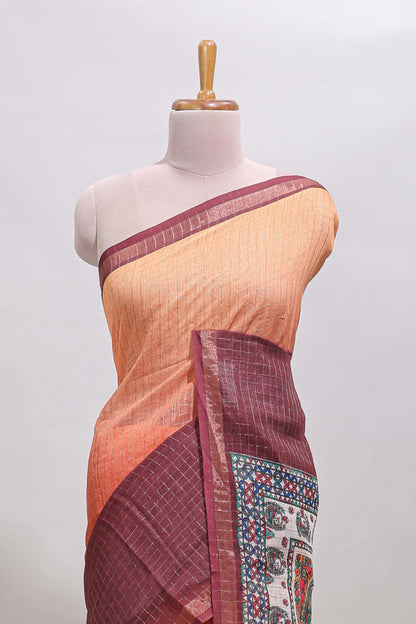 Orange & maroon dual shade checked floral design chanderi cotton saree with self zari border and matching blouse