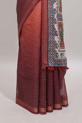 Orange & maroon dual shade checked floral design chanderi cotton saree with self zari border and matching blouse