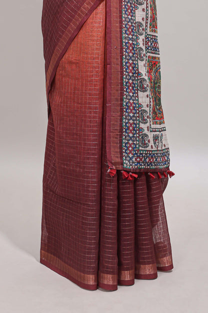 Orange & maroon dual shade checked floral design chanderi cotton saree with self zari border and matching blouse