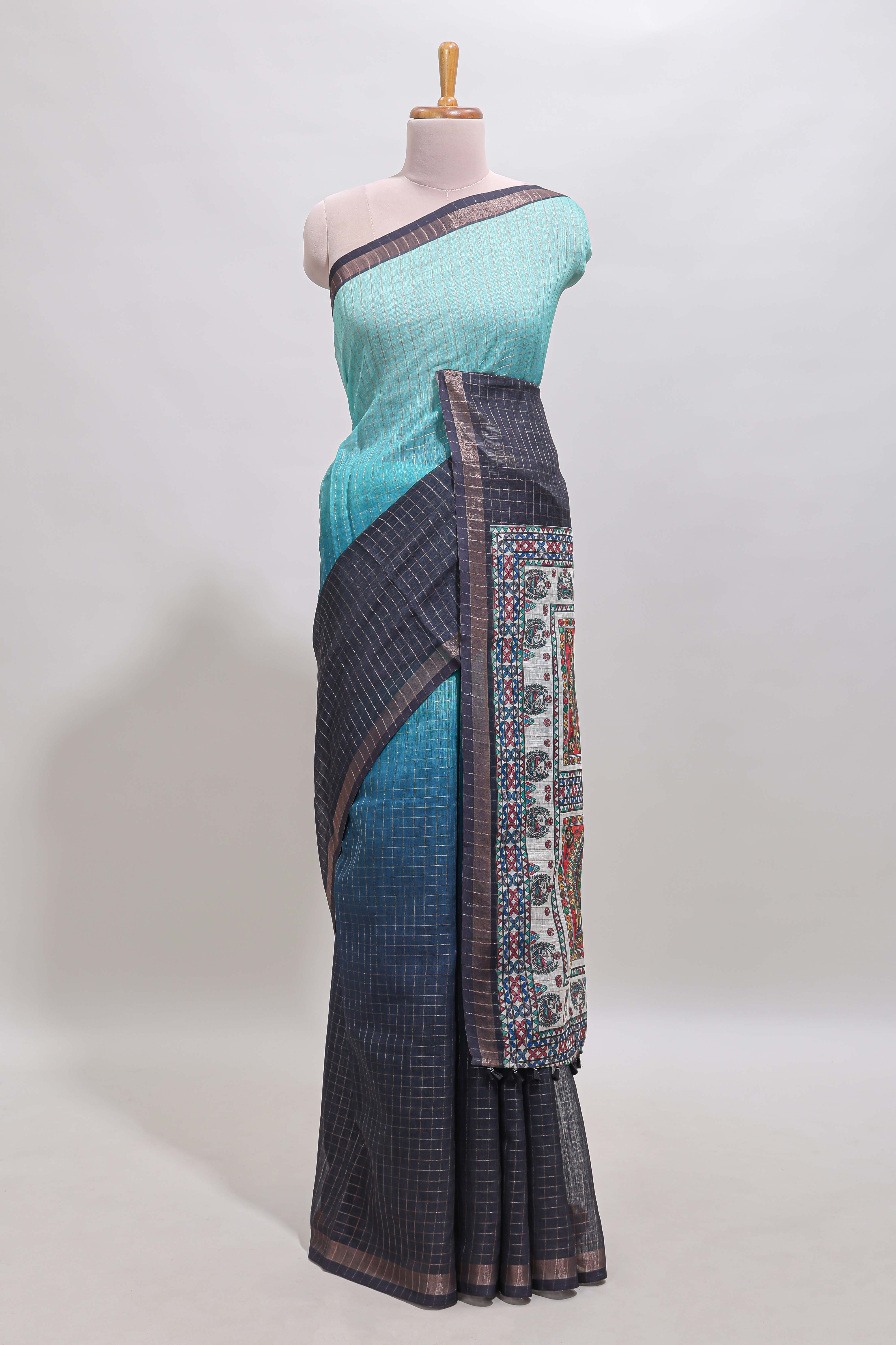 Blue & dark blue dual shade checked floral design chanderi cotton saree with self zari border and matching blouse