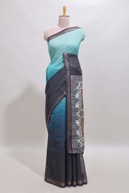 Blue & dark blue dual shade checked floral design chanderi cotton saree with self zari border and matching blouse