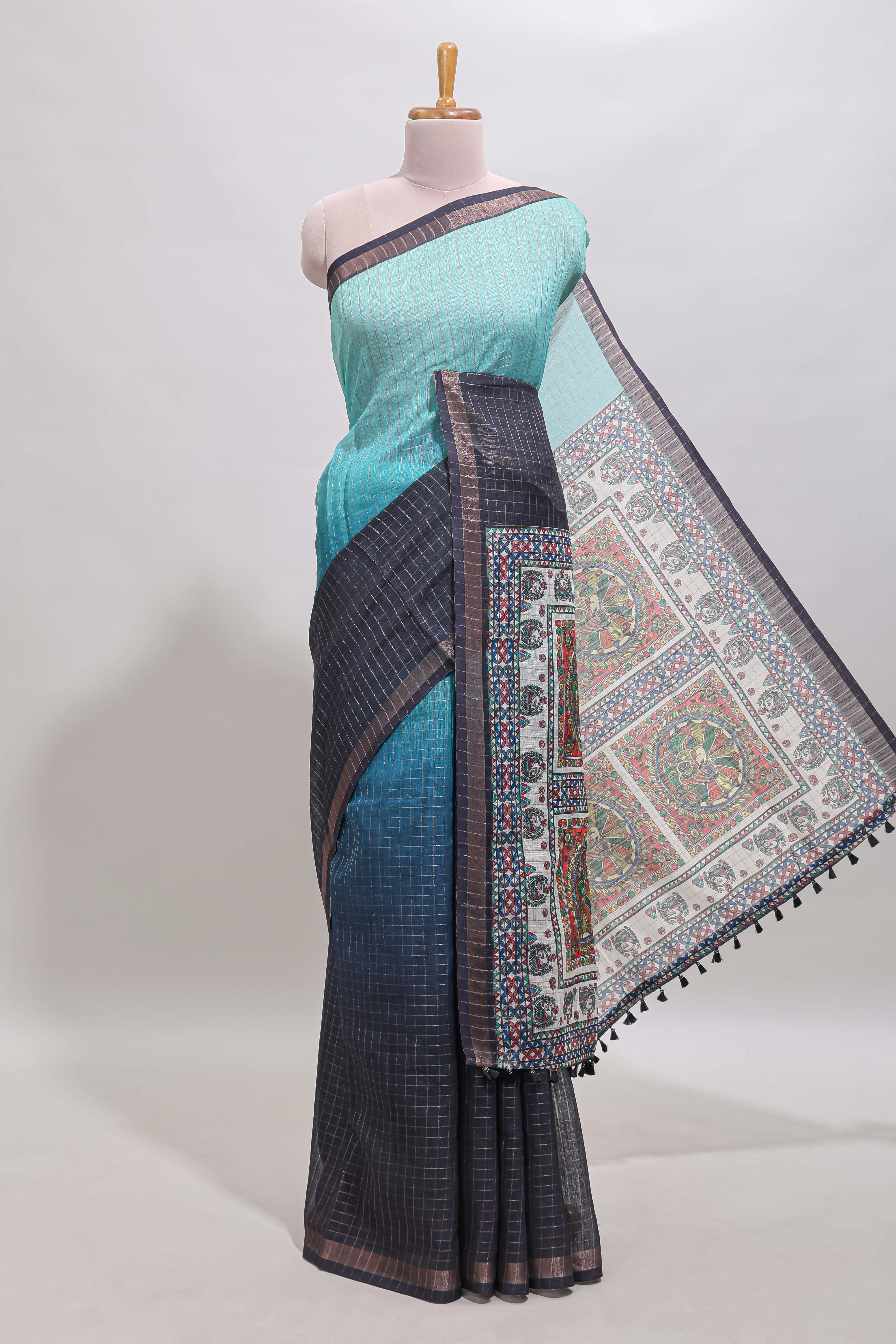 Blue & dark blue dual shade checked floral design chanderi cotton saree with self zari border and matching blouse