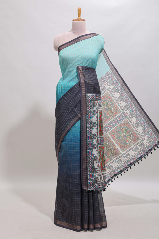 Blue & dark blue dual shade checked floral design chanderi cotton saree with self zari border and matching blouse