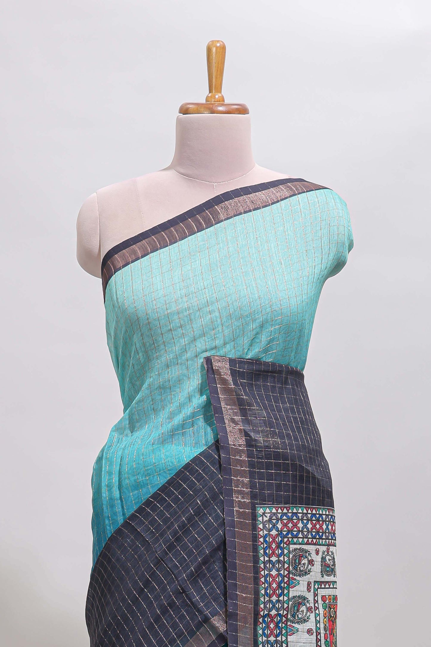 Blue & dark blue dual shade checked floral design chanderi cotton saree with self zari border and matching blouse