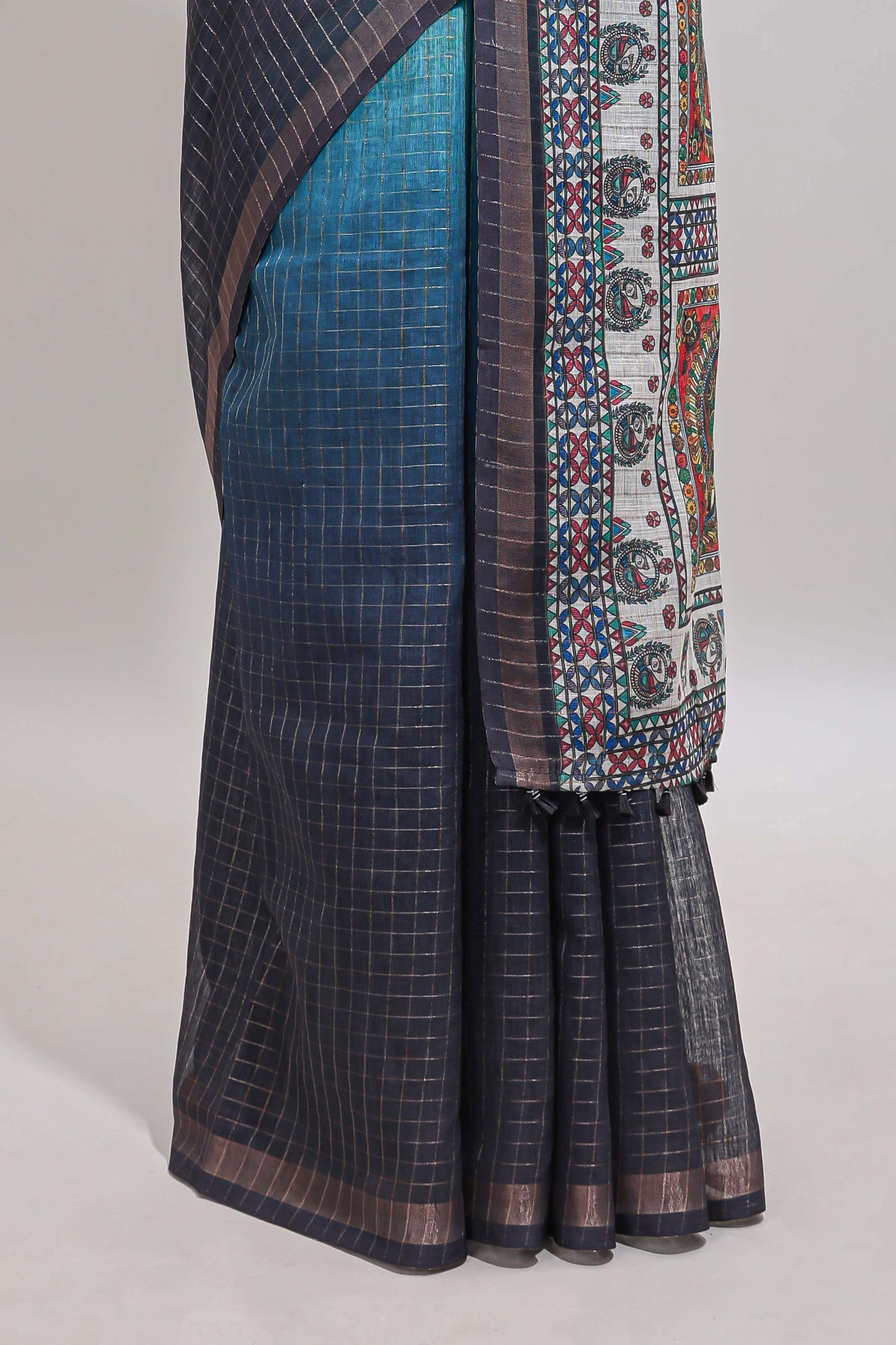 Blue & dark blue dual shade checked floral design chanderi cotton saree with self zari border and matching blouse