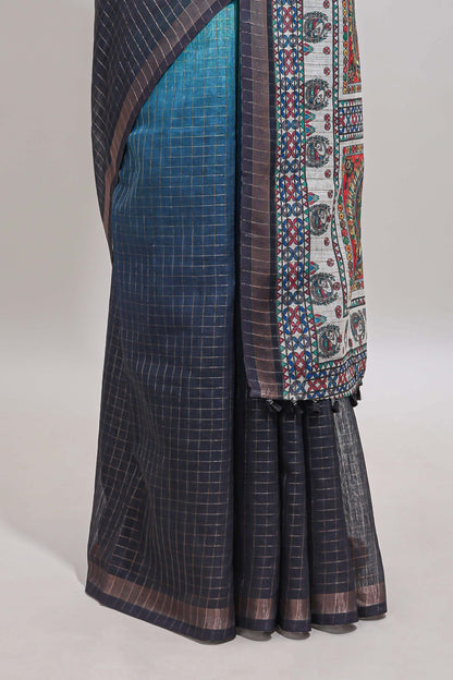 Blue & dark blue dual shade checked floral design chanderi cotton saree with self zari border and matching blouse