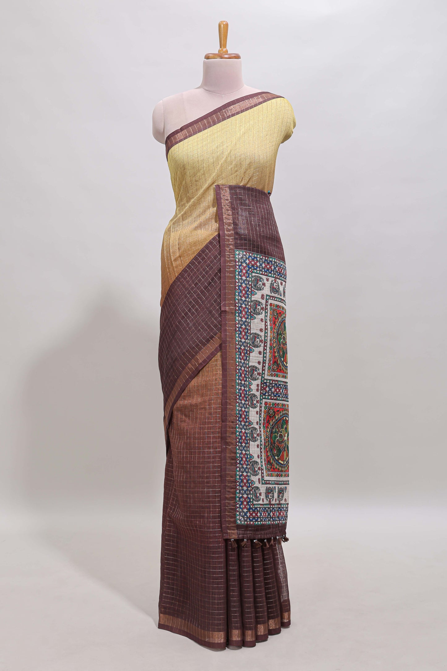 Lime yellow & brown dual shade checked floral design chanderi cotton saree with self zari border and matching blouse