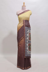 Lime yellow & brown dual shade checked floral design chanderi cotton saree with self zari border and matching blouse