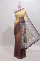Lime yellow & brown dual shade checked floral design chanderi cotton saree with self zari border and matching blouse