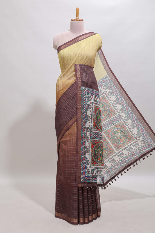 Lime yellow & brown dual shade checked floral design chanderi cotton saree with self zari border and matching blouse