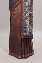 Lime yellow & brown dual shade checked floral design chanderi cotton saree with self zari border and matching blouse