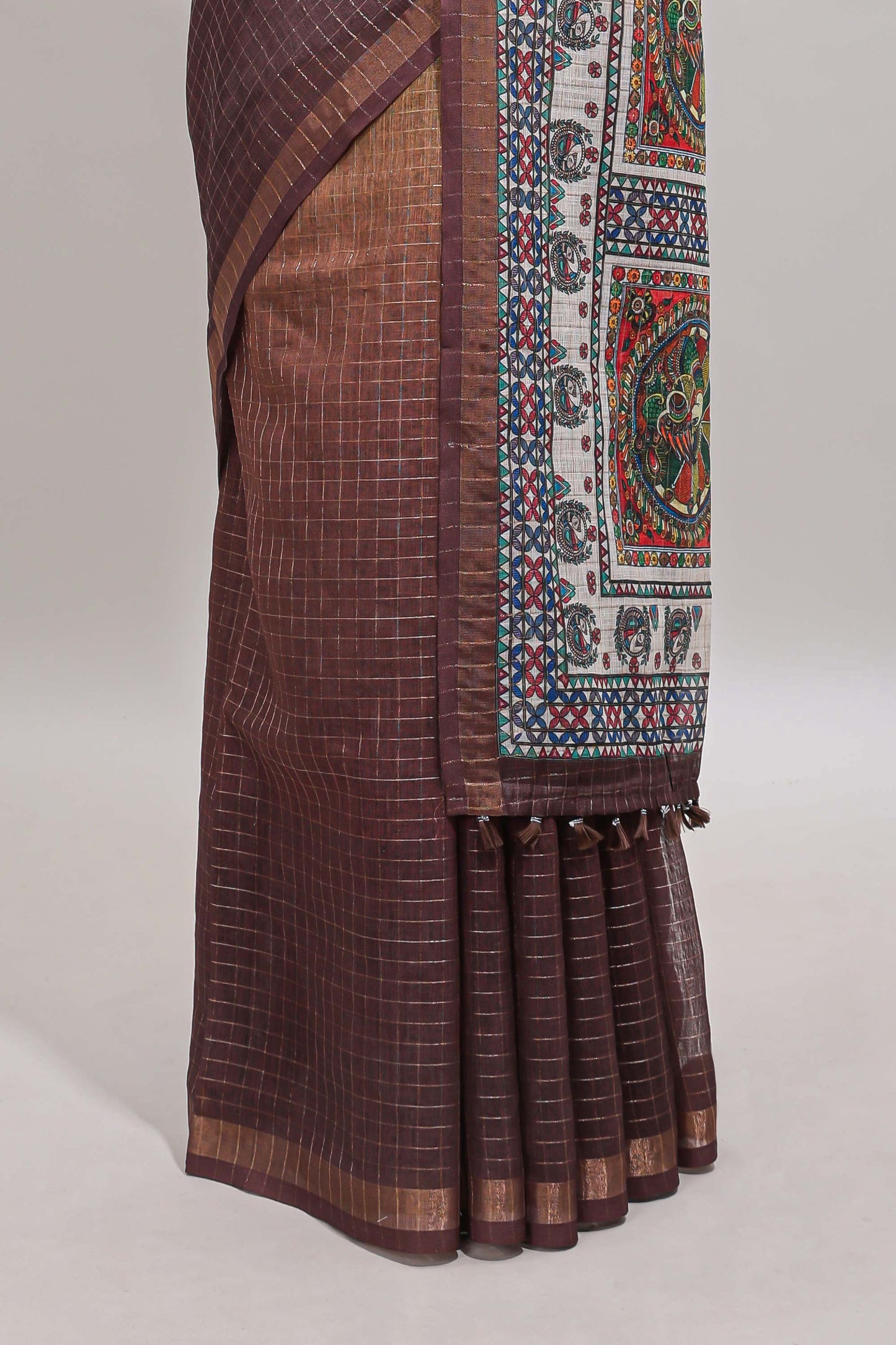 Lime yellow & brown dual shade checked floral design chanderi cotton saree with self zari border and matching blouse