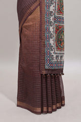 Lime yellow & brown dual shade checked floral design chanderi cotton saree with self zari border and matching blouse