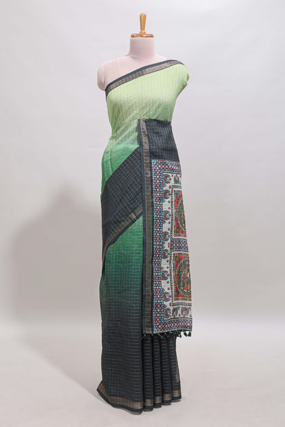 Green & dark green dual shade checked floral design chanderi cotton saree with self zari border and matching blouse