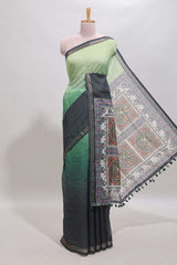Green & dark green dual shade checked floral design chanderi cotton saree with self zari border and matching blouse