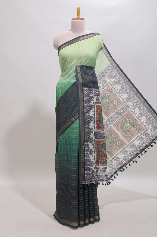 Green & dark green dual shade checked floral design chanderi cotton saree with self zari border and matching blouse