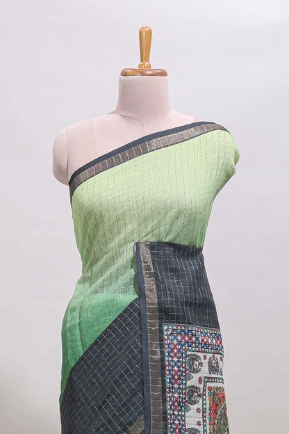 Green & dark green dual shade checked floral design chanderi cotton saree with self zari border and matching blouse
