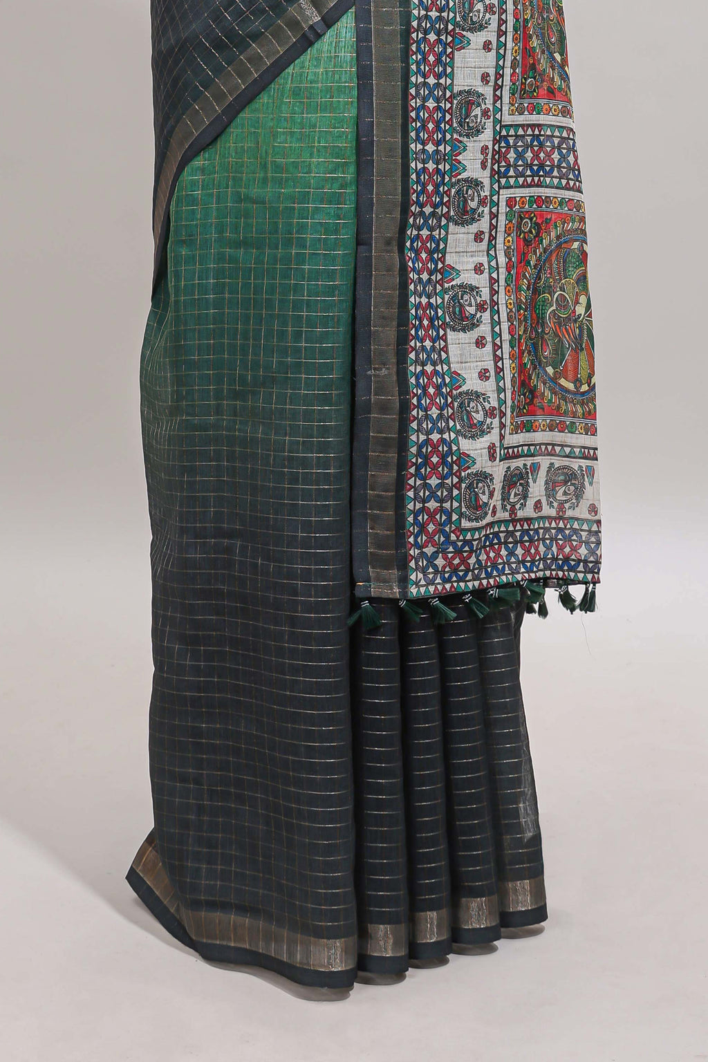 Green & dark green dual shade checked floral design chanderi cotton saree with self zari border and matching blouse