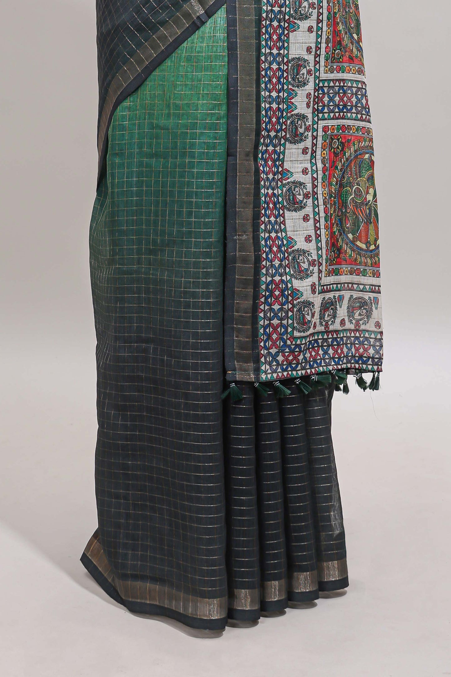 Green & dark green dual shade checked floral design chanderi cotton saree with self zari border and matching blouse