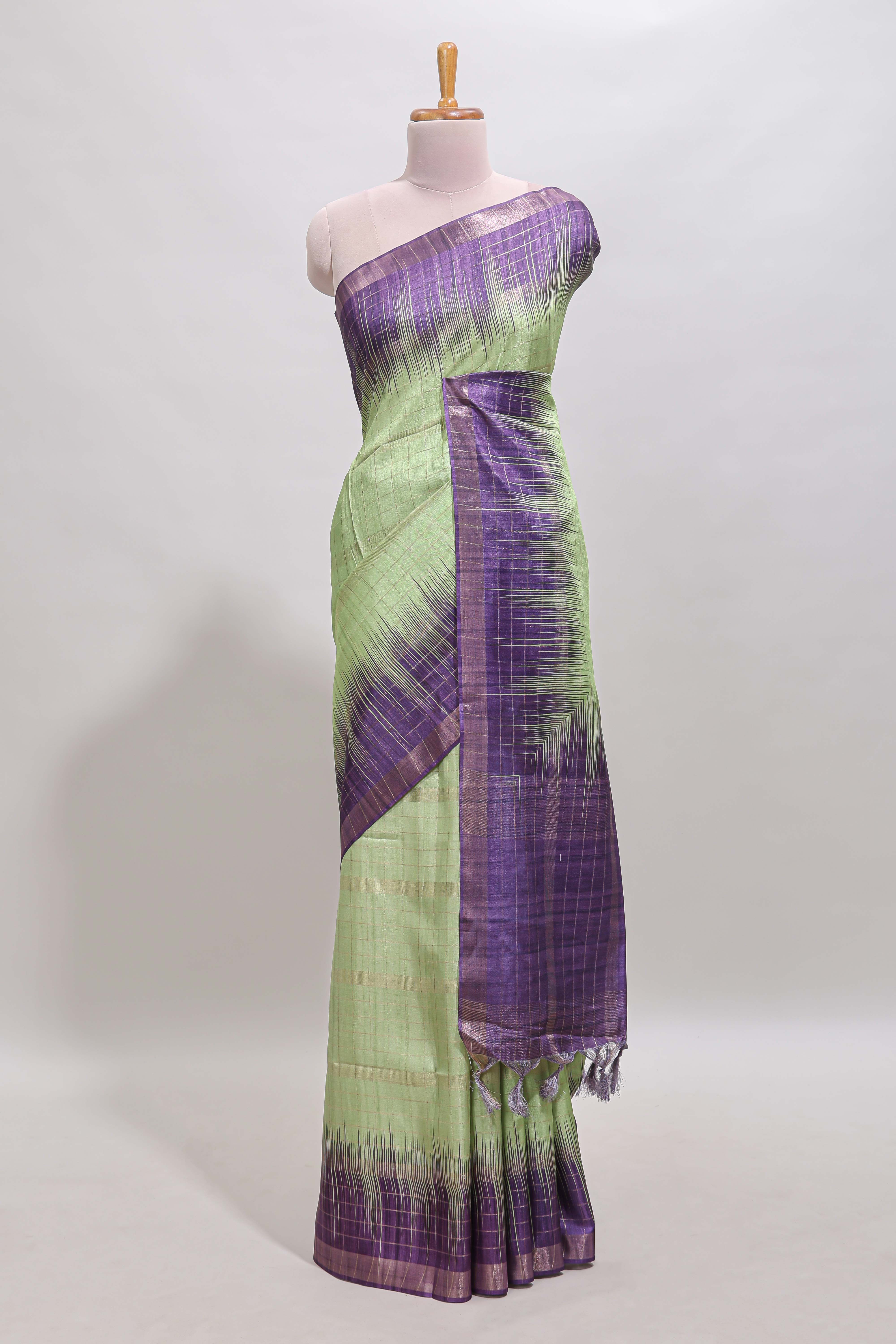 Green checked chanderi cotton saree with contrast zari border and blouse