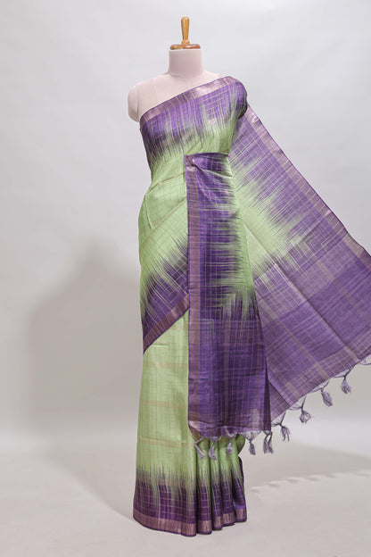 Green checked chanderi cotton saree with contrast zari border and blouse