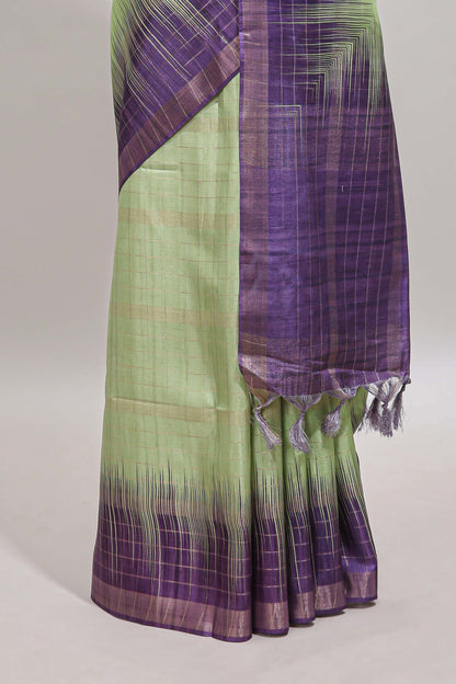 Green checked chanderi cotton saree with contrast zari border and blouse