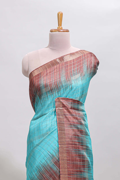 Blue checked chanderi cotton saree with contrast zari border and blouse