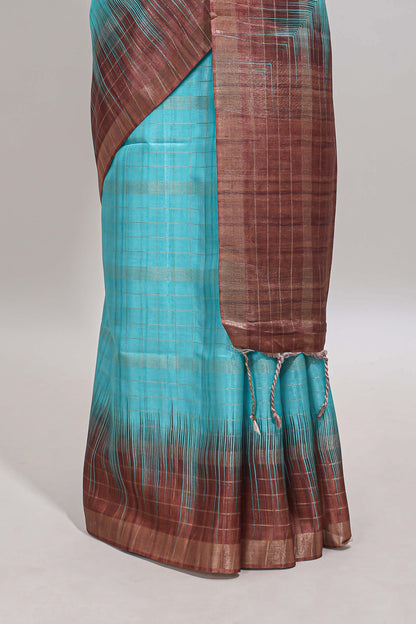 Blue checked chanderi cotton saree with contrast zari border and blouse