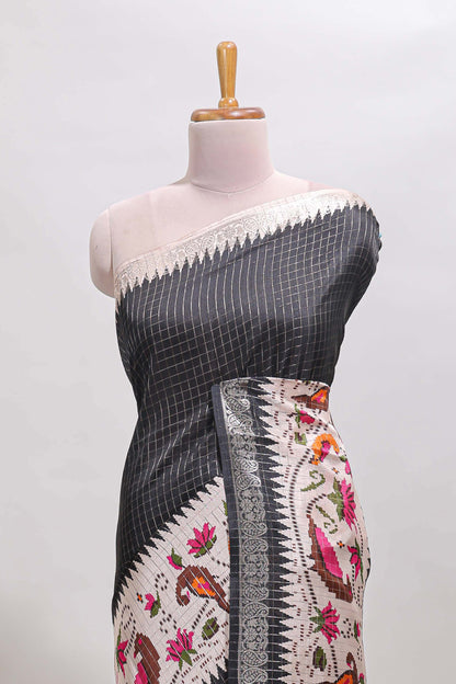 Black checked ikkat style birds & floral design chanderi cotton saree with self border and contrast blouse