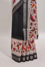 Black checked ikkat style birds & floral design chanderi cotton saree with self border and contrast blouse