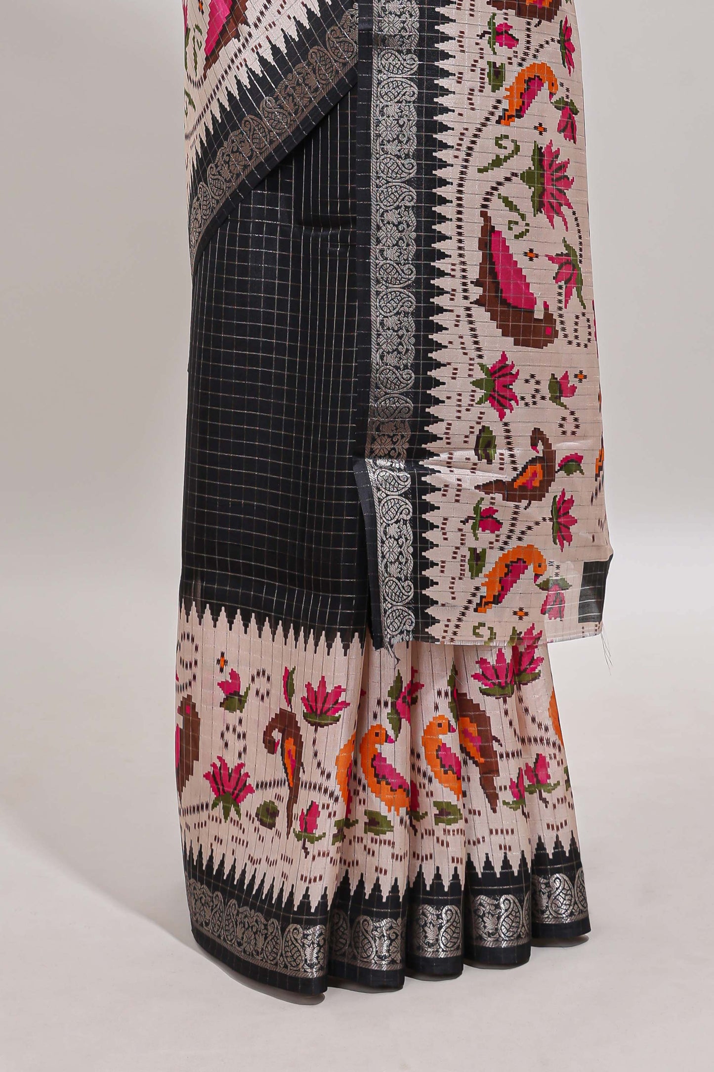 Black checked ikkat style birds & floral design chanderi cotton saree with self border and contrast blouse