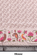 Black checked ikkat style birds & floral design chanderi cotton saree with self border and contrast blouse