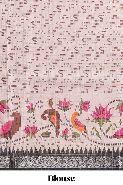 Black checked ikkat style birds & floral design chanderi cotton saree with self border and contrast blouse