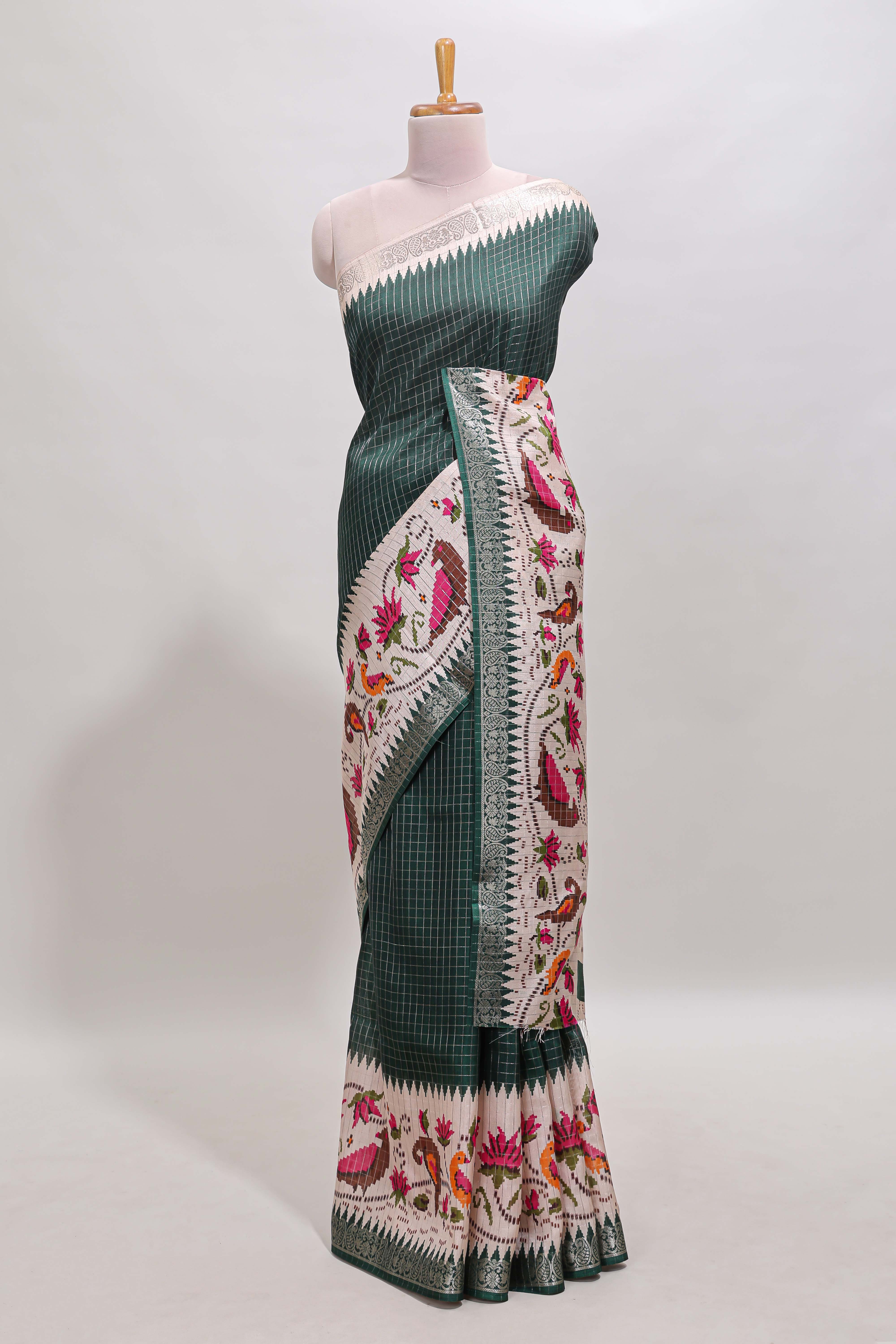 Green checked ikkat style birds & floral design chanderi cotton saree with self border and contrast blouse