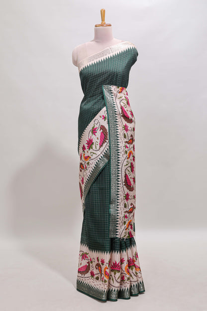 Green checked ikkat style birds & floral design chanderi cotton saree with self border and contrast blouse