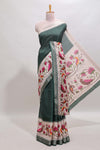 Green checked ikkat style birds & floral design chanderi cotton saree with self border and contrast blouse