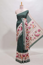 Green checked ikkat style birds & floral design chanderi cotton saree with self border and contrast blouse