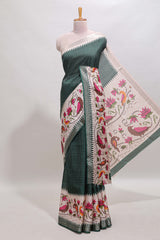 Green checked ikkat style birds & floral design chanderi cotton saree with self border and contrast blouse