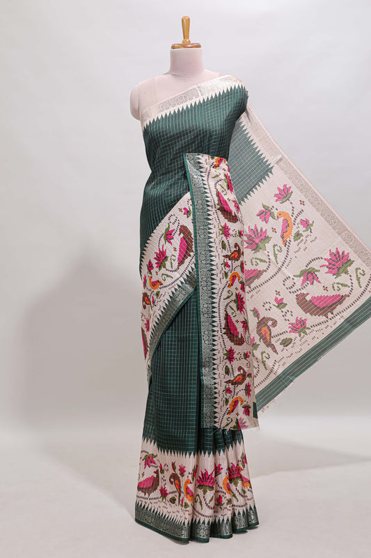 Green checked ikkat style birds & floral design chanderi cotton saree with self border and contrast blouse