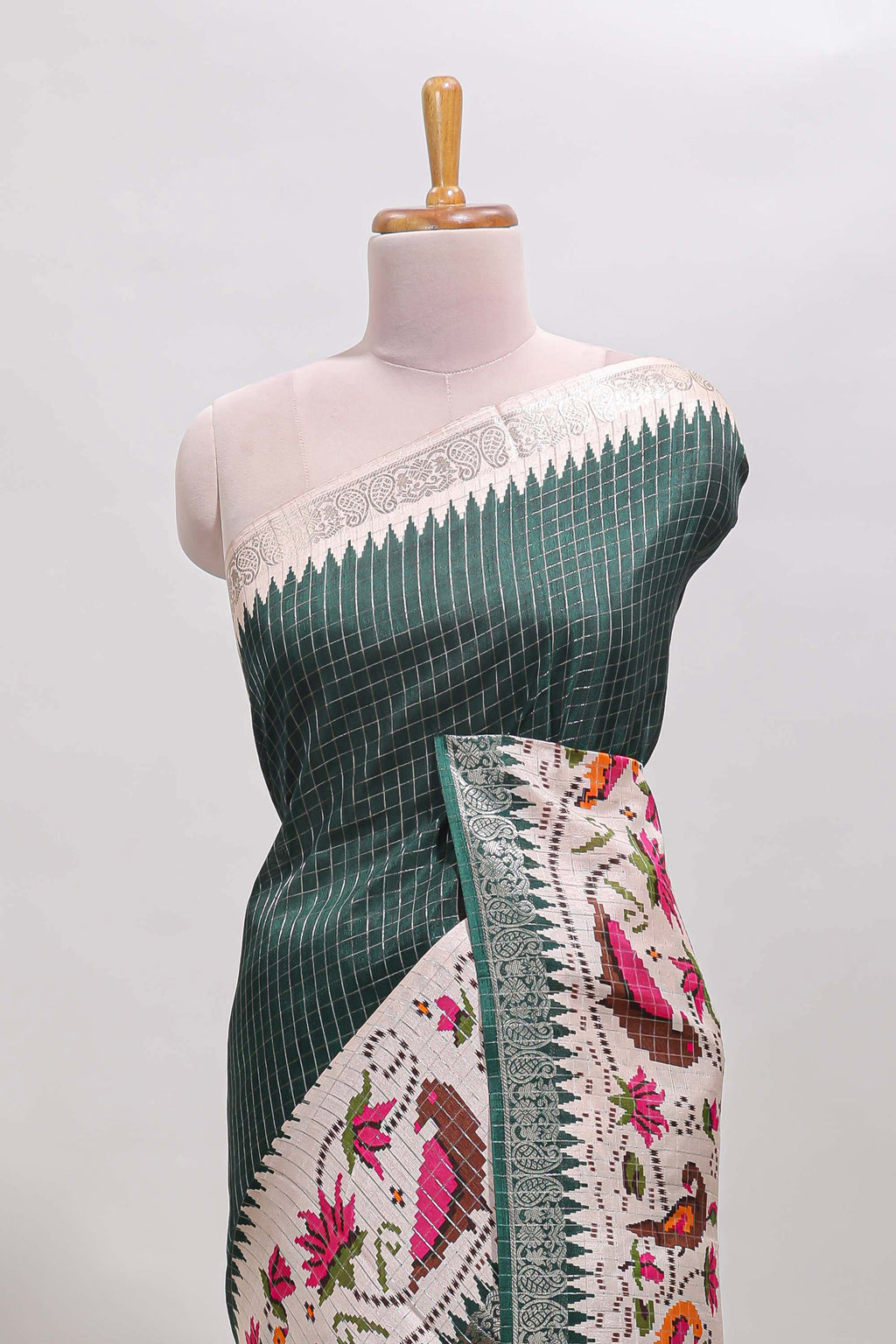 Green checked ikkat style birds & floral design chanderi cotton saree with self border and contrast blouse