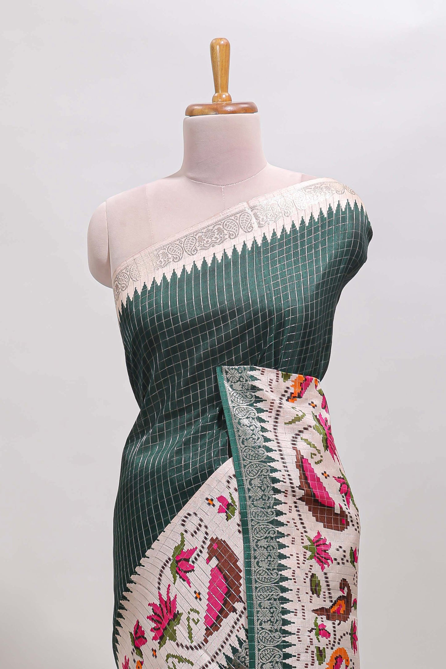 Green checked ikkat style birds & floral design chanderi cotton saree with self border and contrast blouse
