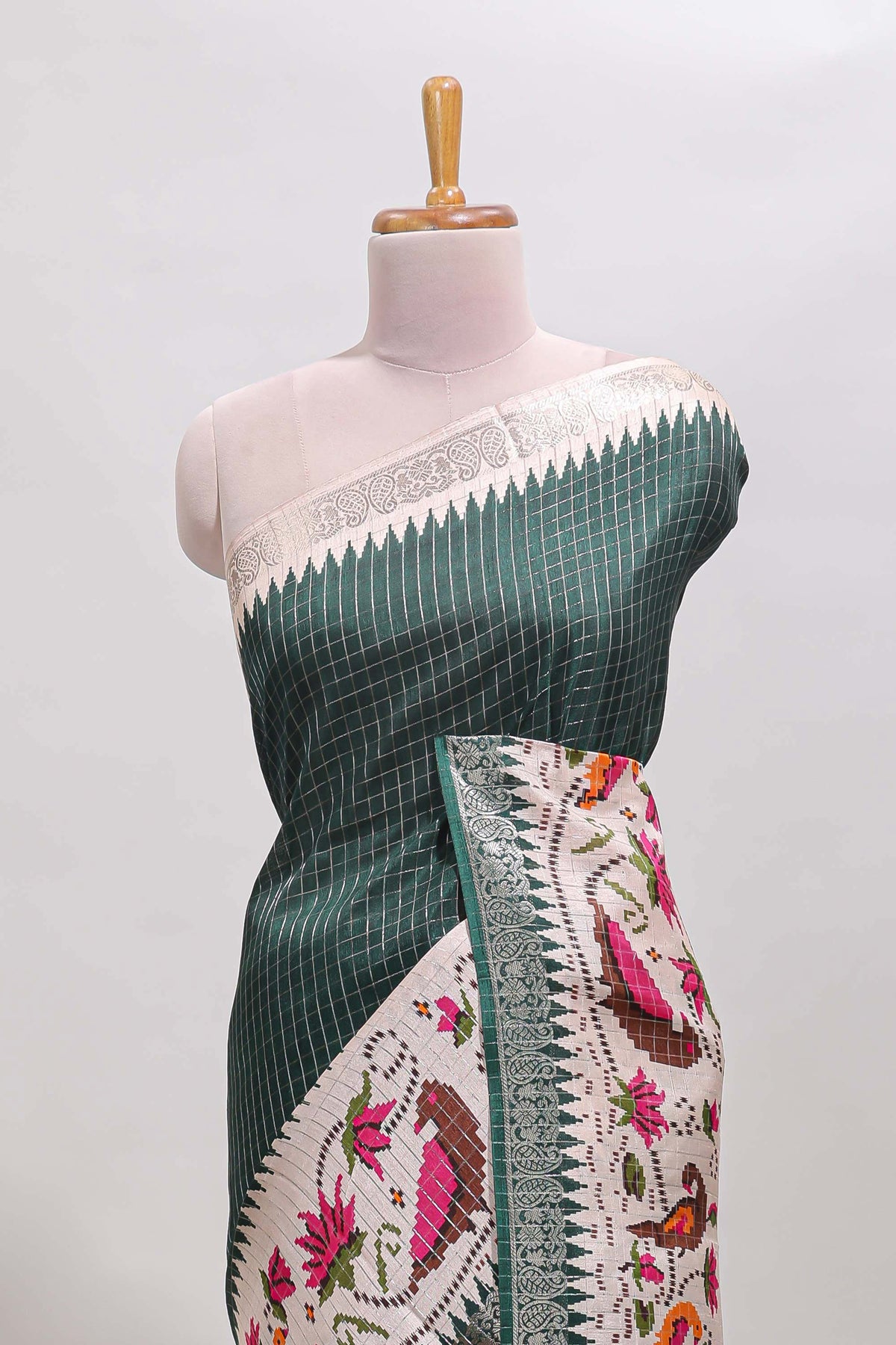 Green checked ikkat style birds & floral design chanderi cotton saree with self border and contrast blouse